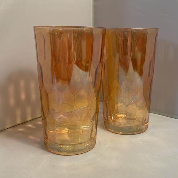Pair Jeannette Hex Optic Iridescent Carnival Glass Flat Tumble Drinking Glasses - Picture 2 of 7